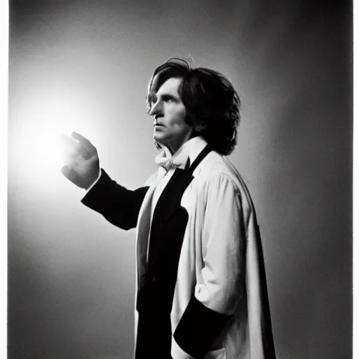 Prompt: a long shot, black & white studio photographic portrait of doctor who, dramatic backlighting, 1 9 7 3 photo from life magazine, technicolor