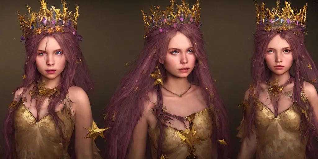 Image similar to fairy girl emperorit is decorated with long robes that fall like stars and wears a huge crown. fantasy art, photo realistic, dynamic lighting, artstation, poster, volumetric lighting, very detailed faces, 4 k, award winning, blender