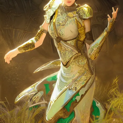 Image similar to portrait knights of Zodiac girl, metalic green and white reflected armor, in ruined Agora of Athens sunrise, ssci-fi, fantasy, intricate, very very beautiful, elegant, golden light, highly detailed, digital painting, artstation, concept art, smooth, sharp focus, illustration, art by tian zi and WLOP and alphonse mucha