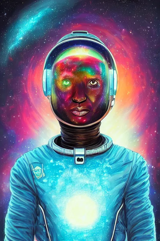 Image similar to portrait of jewel djinn astronaut with nebula background in the style of Rob Lefield and Dan Mumford , trending on artstation, digital art,surrealism ,macro,blueprint ,vaporwave ,