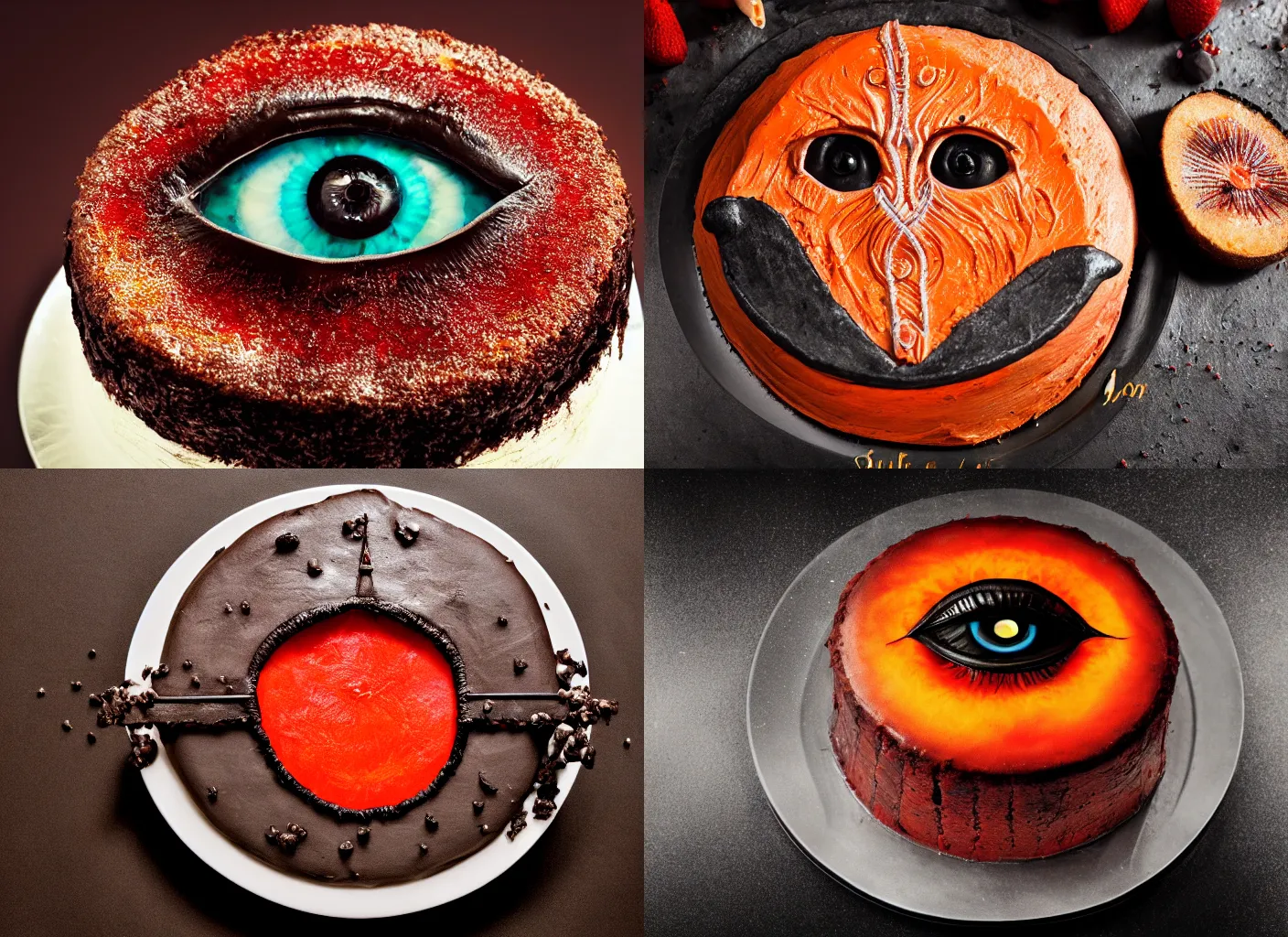 Prompt: the eye of sauron cake, food photography, studio lighting, high contrast, 500px, 35mm