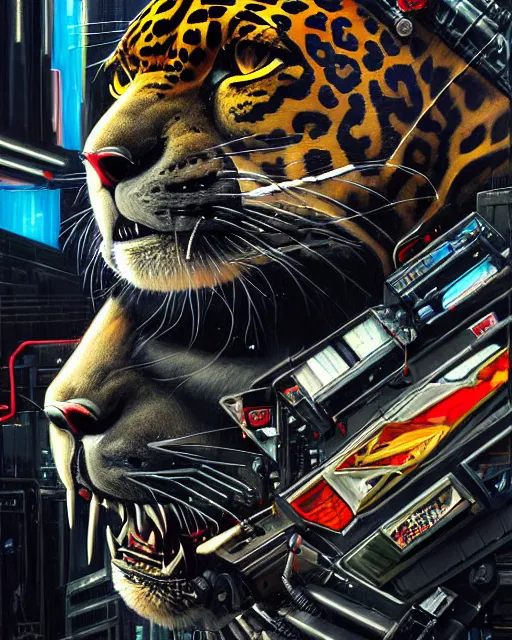 Image similar to a portrait of an anthropomorphic cyberpunk jaguar by sandra chevrier, by jon foster, detailed render, tape deck, epic composition, cybernetics, 4 k realistic, cryengine, realistic shaded lighting, sharp focus, masterpiece, by enki bilal