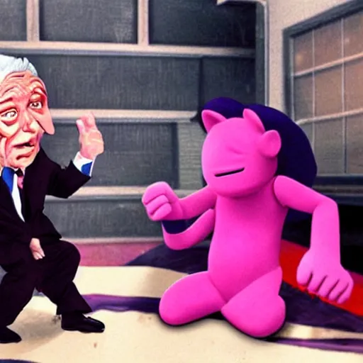 Image similar to george soros wrestling with pink guy played by george miller anime stlye