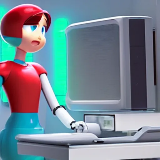 Prompt: pixar - style rendering of : roll is repairing computers in dr. light's laboratory. roll is a cute female ball - jointed robot ( in the style of mega man ) who has blonde hair with bangs and a ponytail tied with a green ribbon. she is wearing a red one - piece dress with a white collar, and red boots.