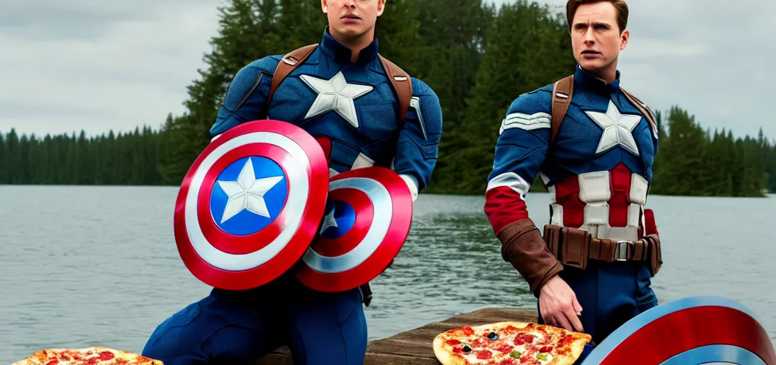 Image similar to a very high resolution image from a new movie. captain america eating pizza on a lake, photorealistic, photography, directed by wes anderson