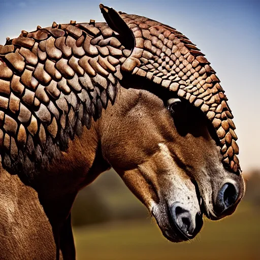 Prompt: a Horse with the armor of a pangolin, national geographic photograph