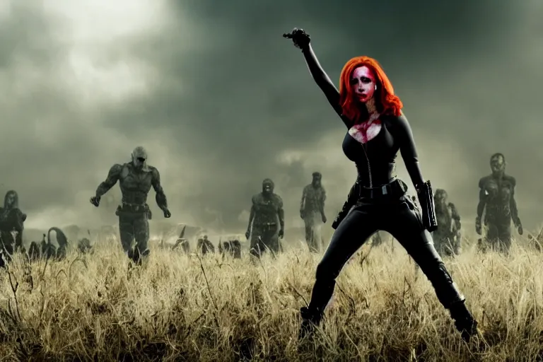 Image similar to film still of zombie zombie Black Widow as a zombie in new avengers movie, 4k