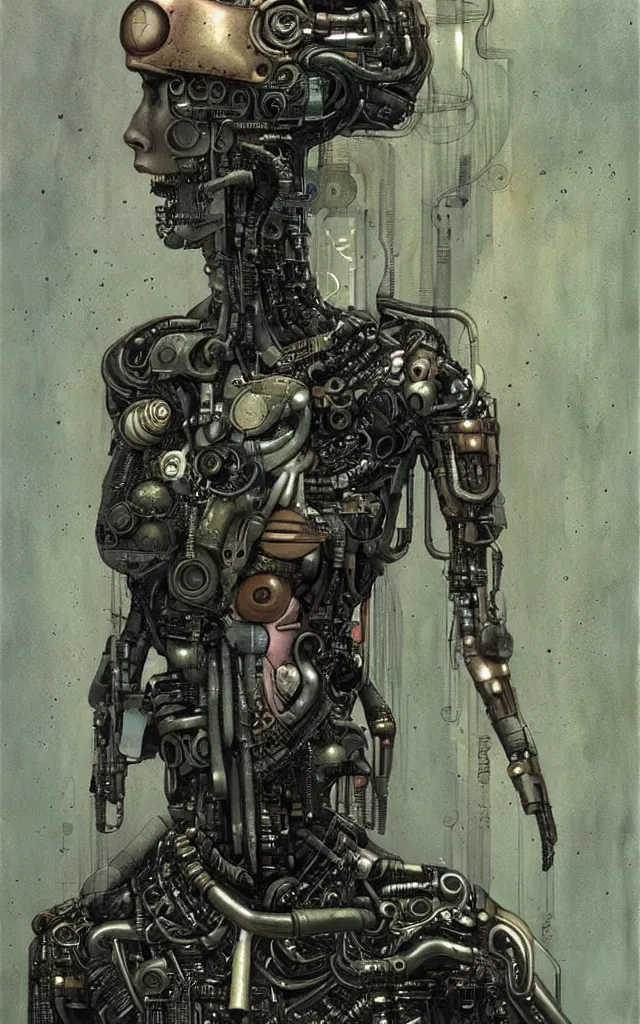 Prompt: futurist cyborg maiden, perfect future, award winning art by santiago caruso, iridescent color palette