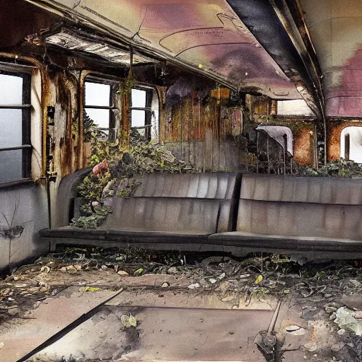 Image similar to the ravages of time, a painting of an abandoned and overgrown subway station