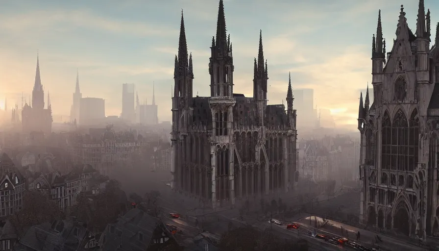 Image similar to Digital painting of Neo-Gothic Brussels at sunrise, wide angle, volumetric light, hyperdetailed, artstation, cgsociety, 8k