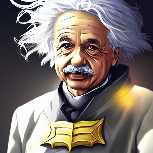 Image similar to portrait ofalbert einstein as a dark knight, anime fantasy illustration by tomoyuki yamasaki, kyoto studio, madhouse, ufotable, square enix, cinematic lighting, trending on artstation