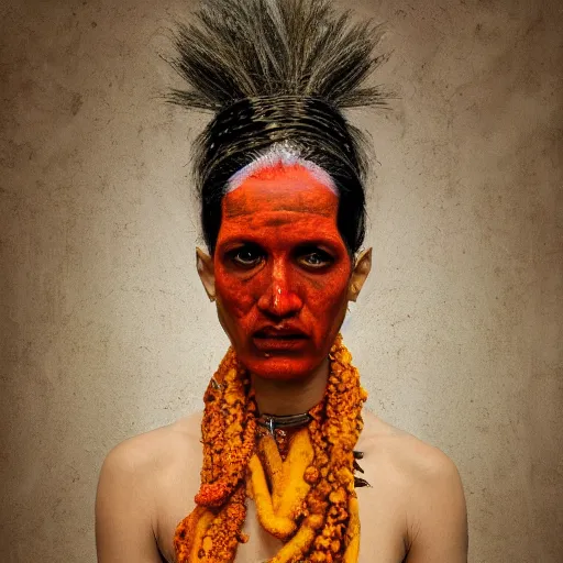 Image similar to realistic expired kodak film portrait of aghori albino india woman tentacled creature mix, marigold celestial vibe, hyperrealism, hypermaxiymalism, photorealistic, detailed, atmospheric, 8 k, award winning photography, cinematic