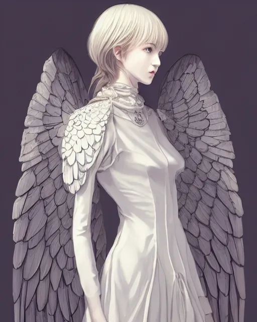 Image similar to an infinitely detailed portrait of a frail and pale female peace angel fully clothed. elegant clothes full - body, beautiful! scenery art!! coherent! by wlop & murata range, by ilya kuvshinov. victorian armor. artstation!! / pixiv!! elegantly armored angel portrait full - body, dreamy art