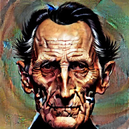 Image similar to Frontal portrait of Peter Cushing. A portrait by Norman Rockwell.