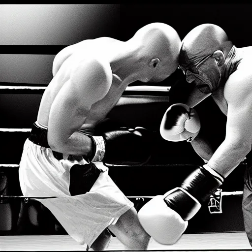 Prompt: walter white getting knocked out while boxing, epic, insane detail, photorealistic, black and white, intense, dramatic, flare lens