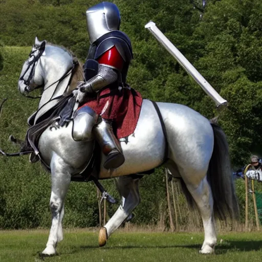 Image similar to a mounted knight in full armor and a lance, riding in a jousting tournament