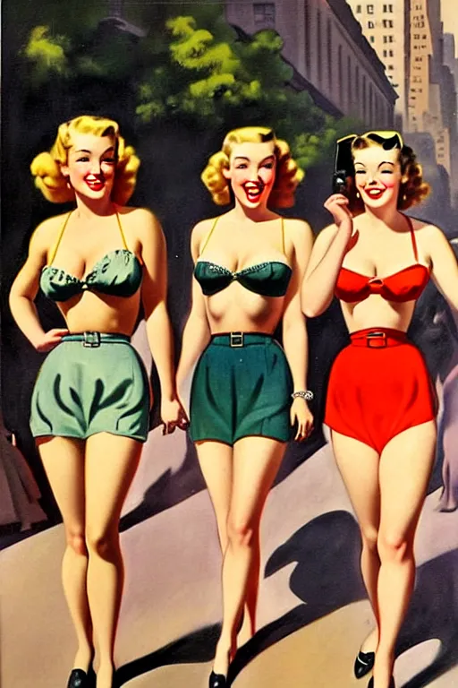 Image similar to 1940s group of pinup bikini girls walking down the street in 1940s Manhattan, oil painting, by Gil Elvgren