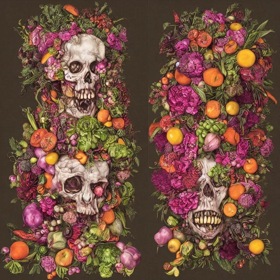 Prompt: hyper-detailed single portrait of a zombie straightedge punk made out of fruits, vegetables and large flowers in the Baroque style of Arcimboldo, crystalline skin, cinematic lighting, dull pink background