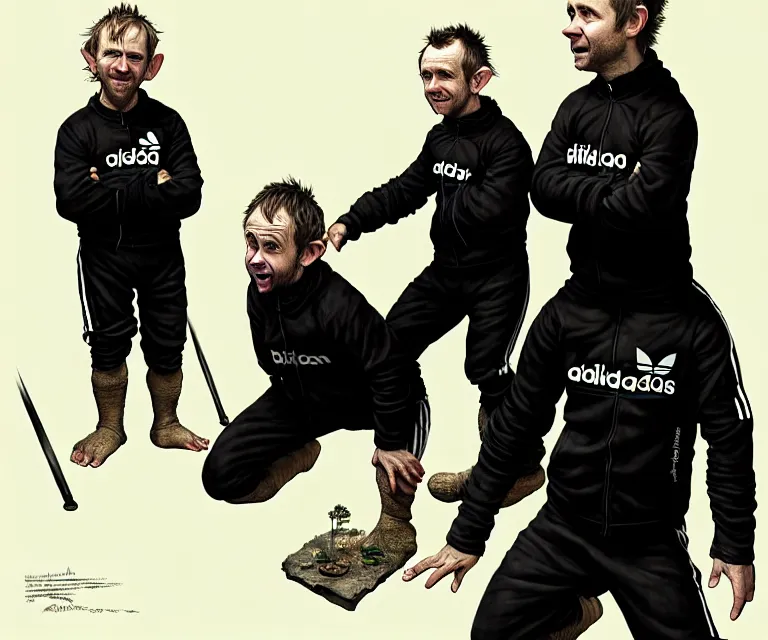 Image similar to a detailed portraite of dominic monaghan and billy boyd as hobbits squatting slavs in black adidas track suits with white stripes down the leg, caricature, highly detailed, digital painting, artstation, concept art, sharp focus, cinematic lighting, illustration, art by met mangindaan, artgerm and greg rutkowski, alphonse mucha, cgsociety