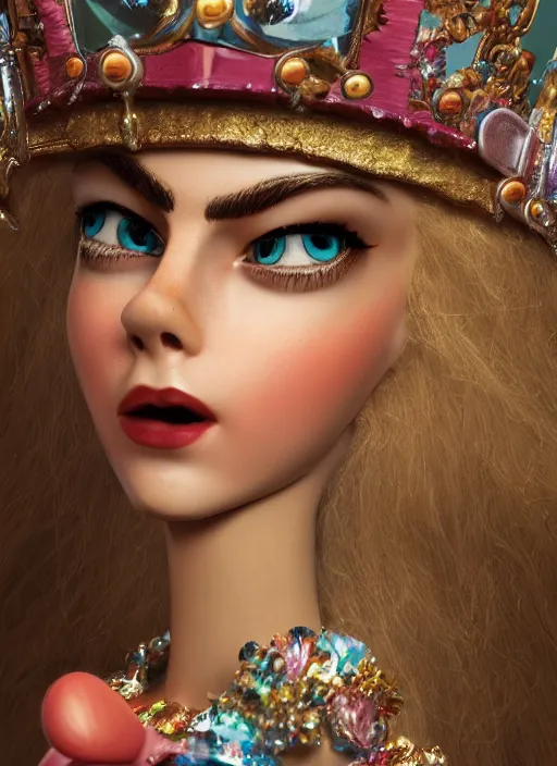 Image similar to closeup face profile portrait of a tin toy cara delevingne as a fairytale princess wearing a crown, bikini, depth of field, zeiss lens, detailed, symmetrical, centered, fashion photoshoot, by nicoletta ceccoli, mark ryden, lostfish, breathtaking, 8 k resolution, extremely detailed, beautiful, establishing shot, artistic, hyperrealistic, octane render