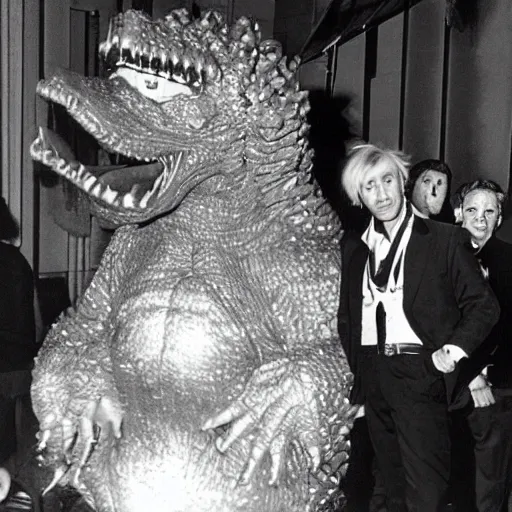 Prompt: godzilla partying at studio 5 4 b & w grainy photograph lots of celebrities including andy warhol