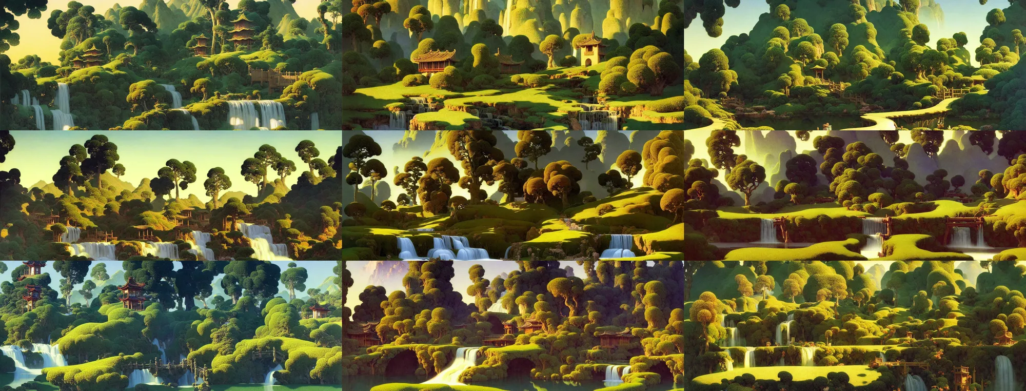 Prompt: a gorgeous landscape painting by barlowe wayne maxfield parrish and marco mazzoni. early spring morning. close - up shot on hyper detailed trees has just sprouted. tyndall effec!! light effect. chinese village. china waterwheel. the winding steps, waterfall from the mountain. ultra clear detailed. highly detailed, 3 d, octane render.