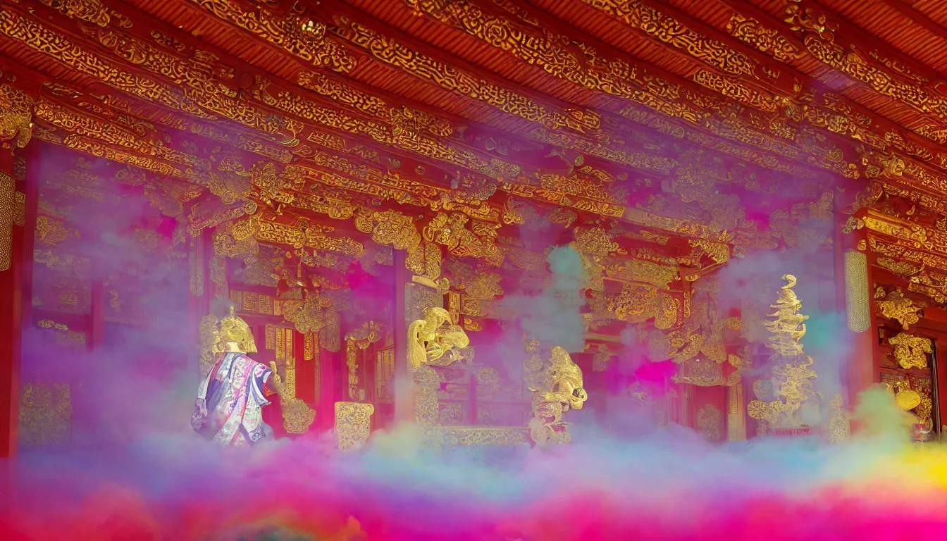 Prompt: burst powders ,volumetric lighting, twisting vapour ,flowing shimmering brilliant colourful fabrics, emerging sounds and an ancient male bearded face , inside a huge traditional Japanese Royal ornate temple , full colour , upscale , 4k