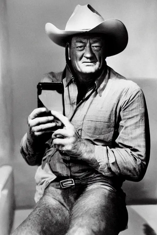 Image similar to john wayne using an iphone, color photograph