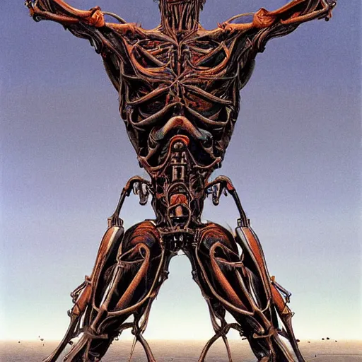 Prompt: biomechanical human raising his hands into the sky of the machine by wayne barlowe