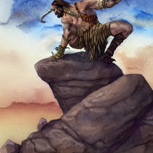 Prompt: randy savage with an anchor slung over his shoulder and foot heroically on a boulder posing in desolate wasteland | fantasy watercolour painting | middle earth | conan | darksun | d & d dungeons and dragons | barbarian