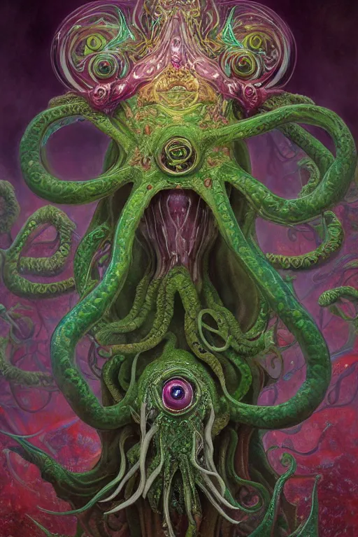 Image similar to psychedelic organic cthulhu mindflayer, gems jewels, diffuse lighting, fantasy, intricate, elegant, highly detailed, lifelike, photorealistic, digital painting, artstation, illustration, concept art, smooth, sharp focus, art by John Collier and Albert Aublet and Krenz Cushart and Artem Demura and Alphonse Mucha