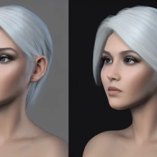 Prompt: Unbelievably realistic 3d portrait of beautiful girl with white hair. NVIDIA hairworks. RTX