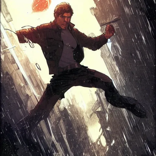 Image similar to Young Harrison Ford as a superhero, dramatic scene, manga panel, 8k, art by Akihiko Yoshida and Greg Rutkowski