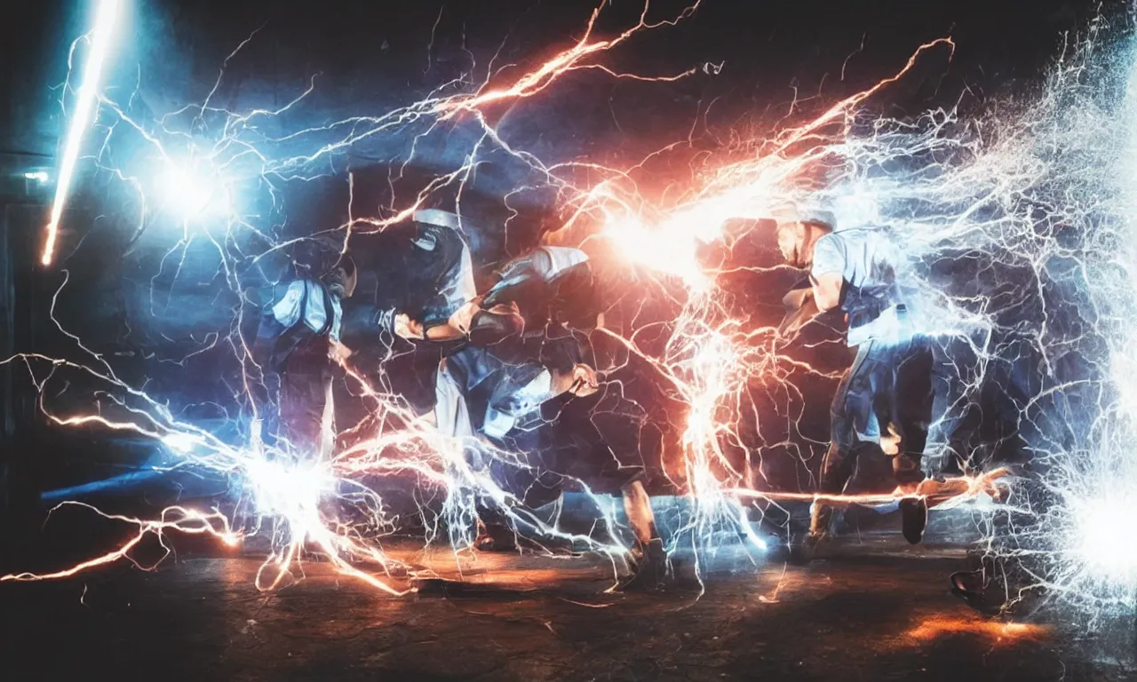 Image similar to epic fight between plumber and electrician in a room, dramatic, dynamic, flares, water, cinematic