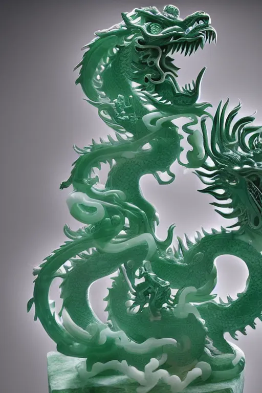 Image similar to a chinese dragon carved from translucent jade, dynamic pose standing on a marble pedestal, intricate details, intricate textures, warm lighting, vivid colors, smoke and mist, realistic octane render, hyper realistic render, volumetric shading, depth of field, raytracing, 8 k,