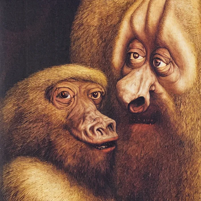 Image similar to close up portrait of a mutant monster creature with mandrill - like nose, baldness, needles portruding through the cheeks, painted forehead, medusae beard. jan van eyck