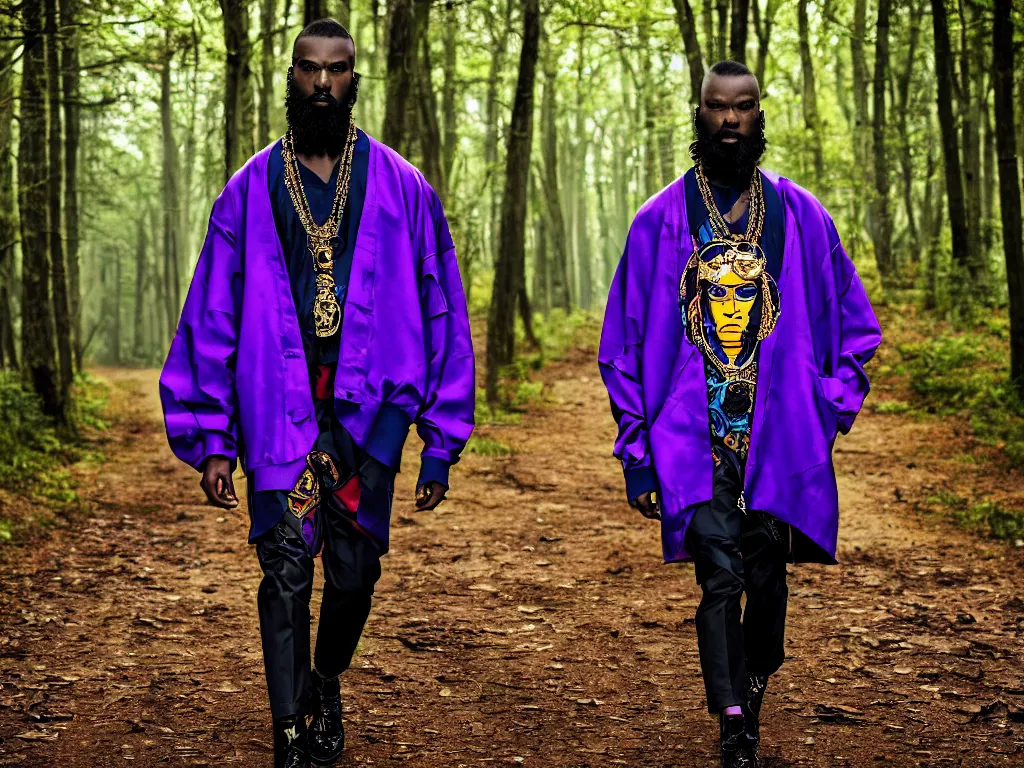 Image similar to versace avant garde male super oversized jacket blue purple red necklace textiles streetwear cyberpunk african american black skin shaved head trimmed beard in the woods overcast late evening dramatic professional color 8 k hdr