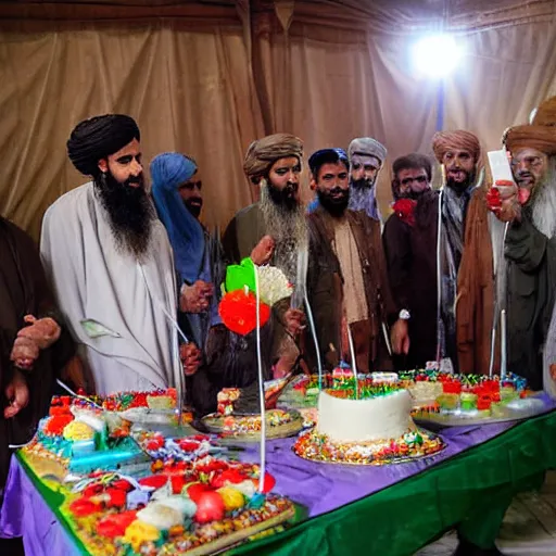 Prompt: color photograph of a festive taliban first anniversary party with cake.