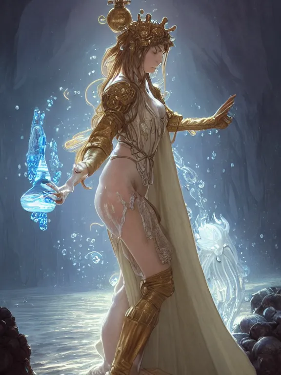 Image similar to summoner dressed in medieval gown with a cute water elemental, fantasy, intricate, elegant, highly detailed, digital painting, artstation, concept art, wallpaper, smooth, sharp focus, illustration, art by artgerm and greg rutkowski and alphonse mucha