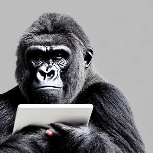 Prompt: middle-aged gorilla sits on a couch with an iPad, depressed, dull color