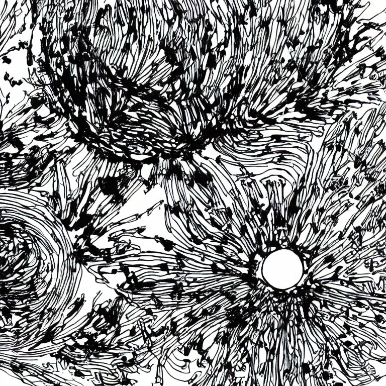 Prompt: a distant planet orbiting the sun, black and white, botanical illustration, black ink on white paper, bold lines