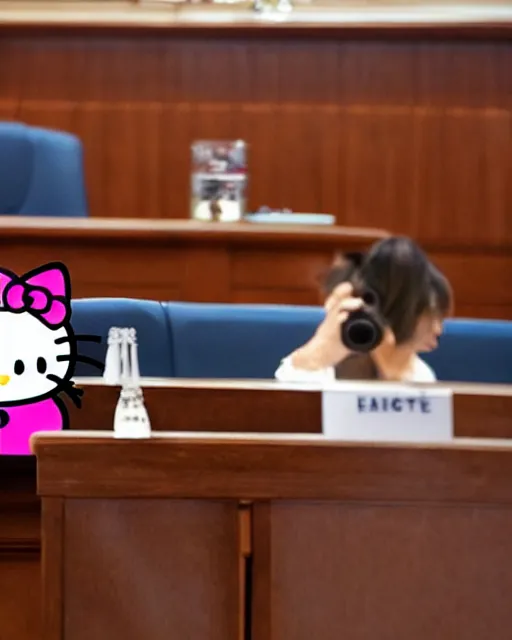 Image similar to photo of judge Hello Kitty, in a courtroom