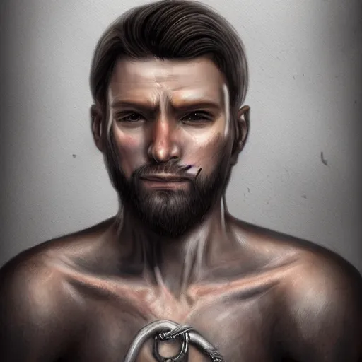 Image similar to realistic portrait, 30 year old man :: athletic, rough, angered :: short black hair, dark taint :: chain mail :: high detail, digital art, RPG, concept art, illustration