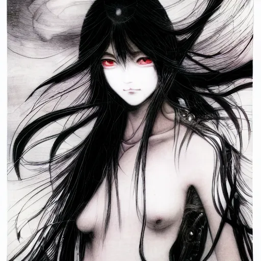 Image similar to yoshitaka amano blurred and dreamy illustration of an anime girl with black eyes, wavy white hair fluttering in the wind wearing elden ring armor and engraving, abstract black and white patterns on the background, noisy film grain effect, highly detailed, renaissance oil painting, weird portrait angle, blurred lost edges, three quarter view