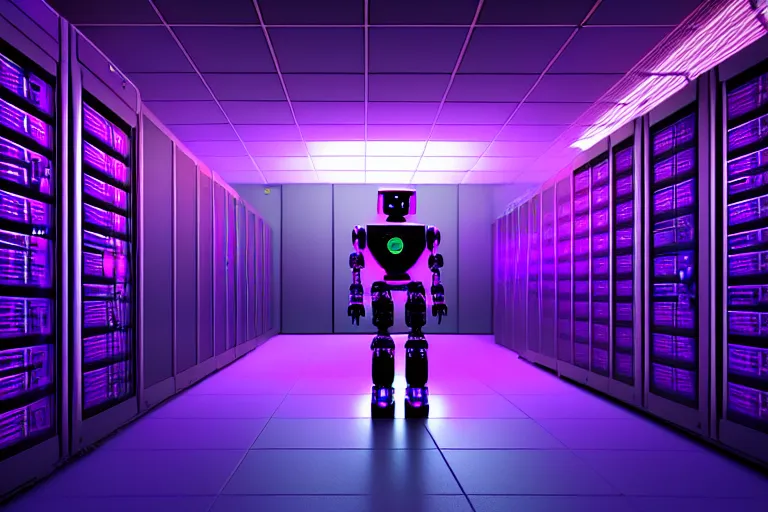 Image similar to realistic robot in a data server room, neon and dark, purple and blue color scheme, by dan mumford and malevich, beeple, fusion 3 d art