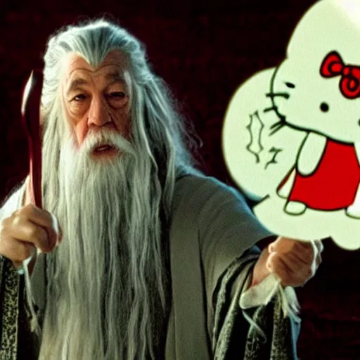 Image similar to portraid of gandalf wearing a Hello Kitty costume, holding a blank playing card up to the camera, movie still from the lord of the rings