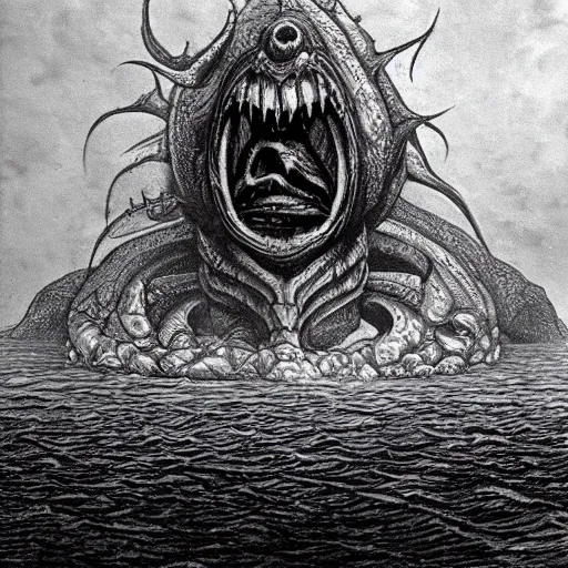 Image similar to a gigantic cyclope emerging from under the ocean drawn by giger