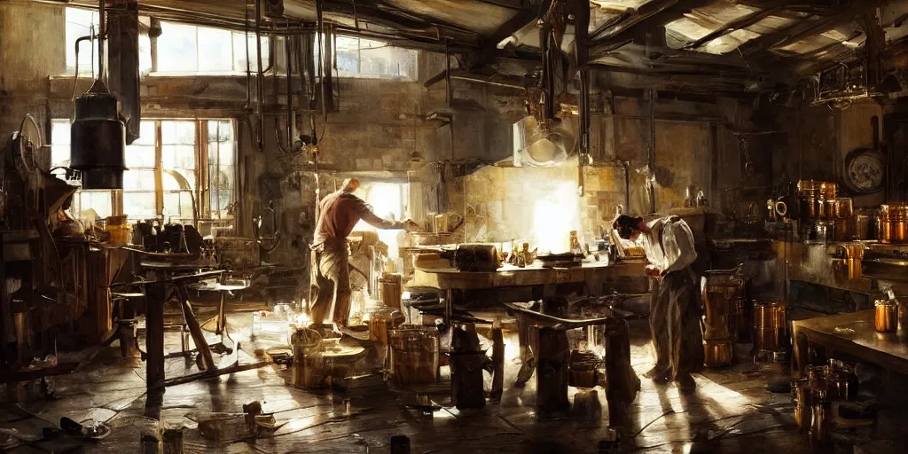 Image similar to simple woodsman brewing moonshine in copper stills in their well lit clean open workshop, art by anders zorn, wonderful masterpiece by greg rutkowski, beautiful cinematic light, american romanticism thomas lawrence, greg rutkowski