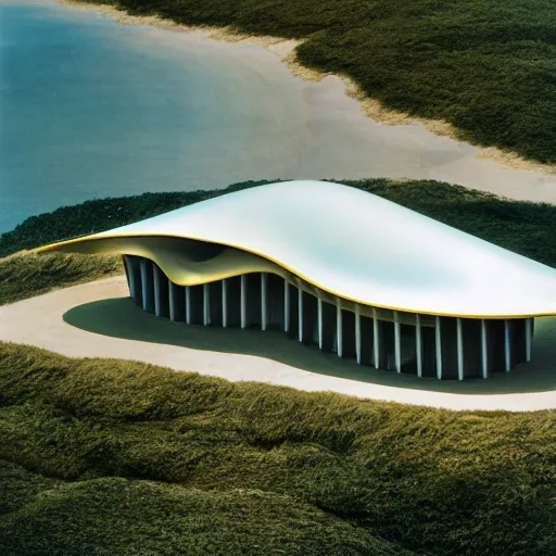 Prompt: architecture ad for a mid-century modern house by the beach, designed by Zaha Hadid. Shell. Aerial view. Film grain, cinematic, colorized, yellow hue