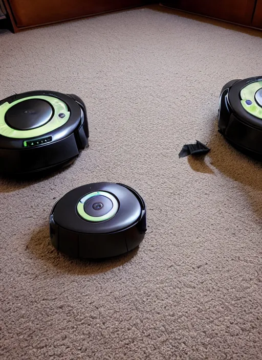 Prompt: two roombas with knives duct taped to their tops fighting to the death